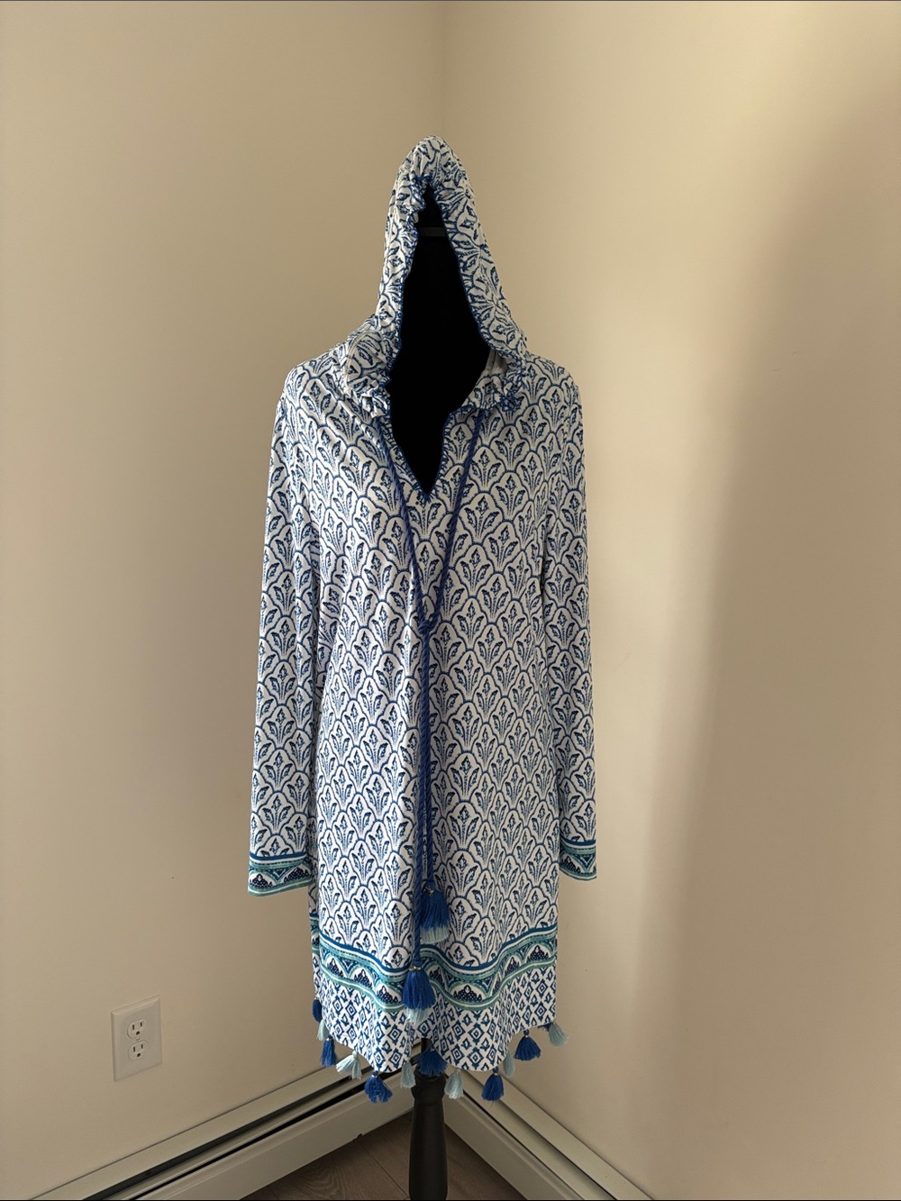 Hooded Women's Swim Cover-Up in Blue and White with Teal Accents